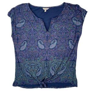 Lucky Brand LARGE Peacock Feather Paisley AOP Shirt Cttn/Modal Tie Front Blouse